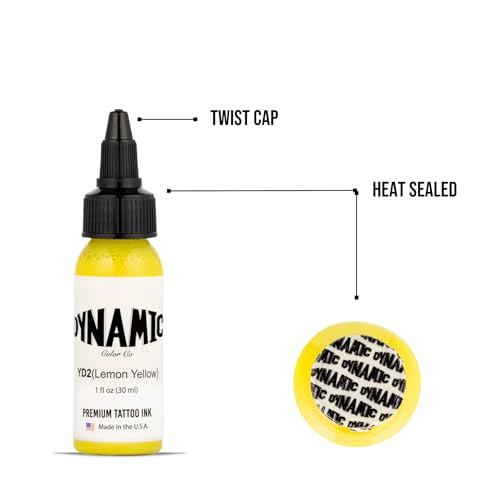 Image of Dynamic Color Lemon Yellow Tattoo Ink, Made in USA Since 1990, 1 oz | Sterilized and lot-numbered for full traceability; established American brand trusted by artists worldwide