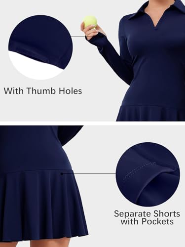 ECUPPER Women Long Sleeve Tennis Dress Polo Collared Workout Dress V Neck Athletic Golf Dresses with Shorts for Active Sports4