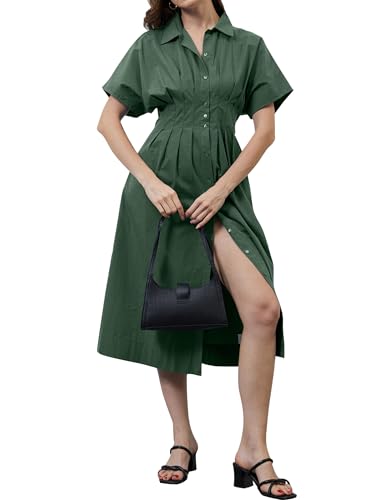Image of MISSACTIVER Button Front Pleated Shirt Dress for Women Summer Striped Short Sleeve Lapel V Neck Corset Maxi Dress