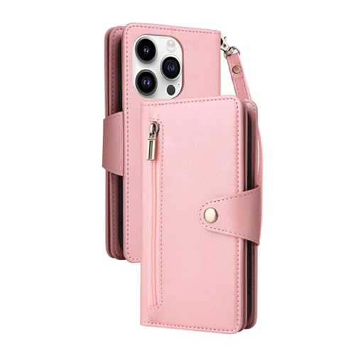 Housse iPhone 15 Pro rose en cuir premium avec fermeture zippée et lanière