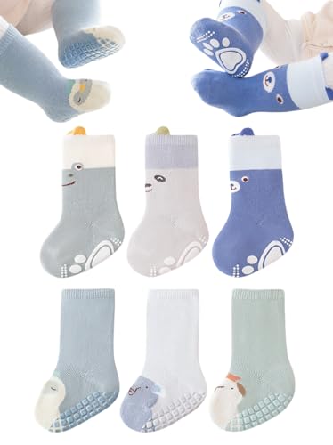 Toddlers Non Slip Socks Baby Non-skid Cartoon Socks with Grips Crew Socks for Girls Boys Infant Newborn 6 Pairs (M, Boy1)