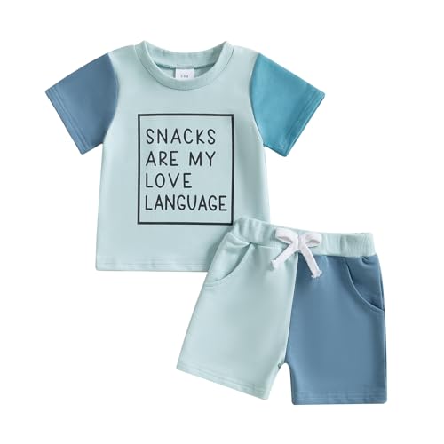 Toddler Baby Boy Summer Clothes Short Sleeve Letter T Shirt Tops and Stretch Casual Shorts Set Infant Outfit (Snacks Love Blue, 18-24 Months)