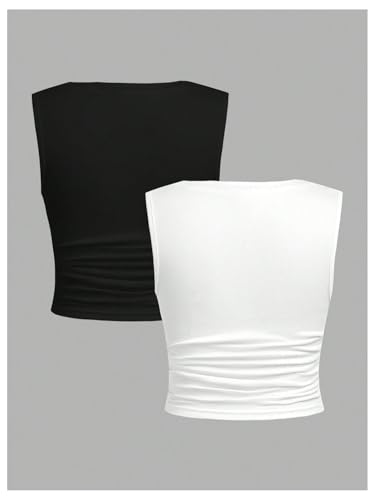 Floerns Girl's 2 Pcs Sleeveless Shirts Square Neck Solid Ruched Tank Top2