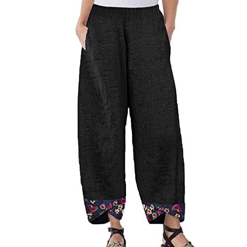 Maiyifu-GJ Women's Printed Linen Wide Leg Pants Summer Elastic Waist Beach Harem Trousers Lightweight Cropped Bottoms Pants (Black,XX-Large)