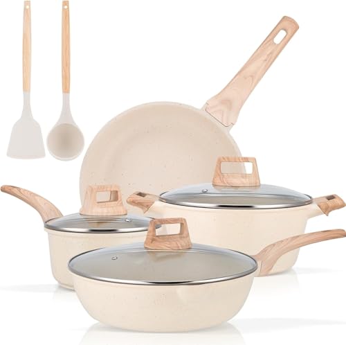 La mejor comparación de Baterias de Cocina de Ceramica del mes. 44 Juego de Ollas y Sartenes Antiadherentes, Batería de Cocina con Mango Desmontable, Sartenes Antiadherentes y Cacerolasde de Granito Blanco, Sartén para Freír sin PFOA, Sartenes...