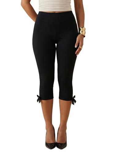 Djbdesi Womens Capri 3/4 Length Leggings Y2k Cropped Bottoms Stretchy Slim Fit Cute Going Out Pants with Bows (A1 Black S)