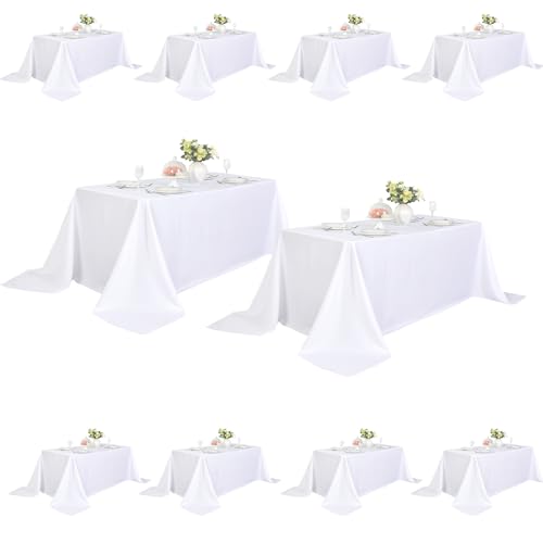 Image of 10-Pack 90x156 inch White Table Cloths, Solid Stain and Wrinkle Resistant Oblong Tablecloth, Premium Plain Weave Polyester Fabric Rectangle Table Linen Covers for Hotel, Banquet