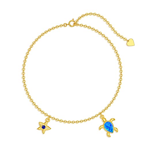 Sisgem 14K Real Gold Sea Turtle Anklets For Women Girls,Solid Gold Blue Opal Turtle Ankle Bracelet Sea Starfish Foot Anklet Sea Beach Jewelry Gifts For Mothers Day Birthday 8+2 Inch (14K Gold-Yellow) #TOP20