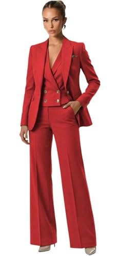 Plus Size Suits for Women 3 Piece Regular Fit Red Womens Tuxedo Suit Set V Neck One Button Womens Suits for Wedding Guest Size 5X-Large