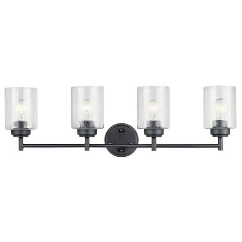 Image of Kichler Winslow 30 inch 4-Light Bathroom Vanity Light Fixture with Clear Seeded Glass in Black, Modern Industrial Style for Bathroom and Powder Room, (30 inch x 9.25 inch x 6.5 inch), 45887BK