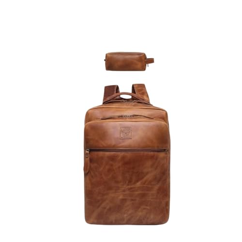 Mochila de Couro com Compartimentos Múltiplos, Estilo Executivo + Necessaire (Mostarda)