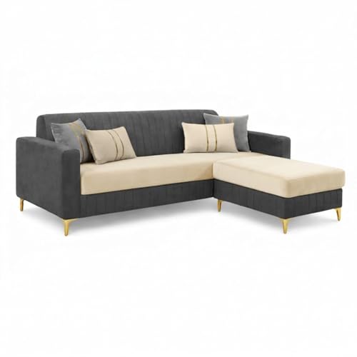 Image of CASASTYLE Noviq 4 Seater L Shape Sofa Set with Movable Ottoman | Flexible Left or Right Layout | Cozy Velvet Fabric | Soft Touch Seating | Modern Designer Sofa for Living Room (Dark Grey-Cream)
