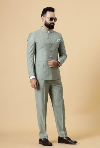 Men's Chinese Tunic Suit Mandarin Collar 2 Piece Slim Fit Traditional Uniform Groom Wedding Blazer Pant Set3