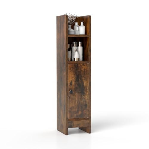 COSTWAY Mobile da Bagno, Armadietto Salvaspazio in Legno per Angoli con Porta e Ripiani Regolabili, Colonna Stretta Salvaspazia per Porta Carta Igienica, Ideale per Bagno e Cucina (Marrone)