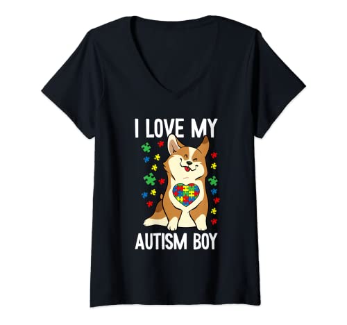 Mujer I Love My Autism Boy Conciencia Lindo Corgi Perro Puzzle Pieza Camiseta Cuello V