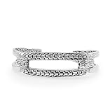 Sarda - .925 Sterling Silver Chain Link & Hammered Open Buckle Kickback Oval Cuff Bracelet - Handmad