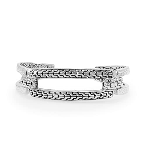 Sarda - .925 Sterling Silver Chain Link & Hammered Open Buckle Kickback Oval Cuff Bracelet - Handmade By Bali Artisans - Size 6-3/4" #TOP6