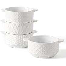 FOBENTA Soup Bowls with Handles, 20oz Embossed Ceramic Bowl Set of 4 Oven & Microwave Safe, Ideal for Stew, Chili, Cereal Textured Deep Bowls for Everyday Comfort