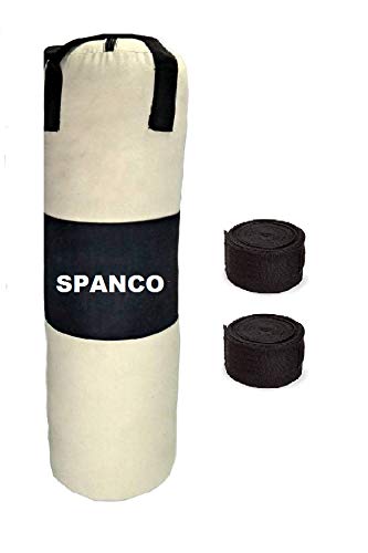 Spanco White and Black Color, Unfilled (Empty), 3.5 Feet Long, Synthetic Leather Material Punching Bag/Boxing Bag/Kickboxing Bag/Takewondo Bag/Fitness Bag/Professional Training Bag with Hanging Straps