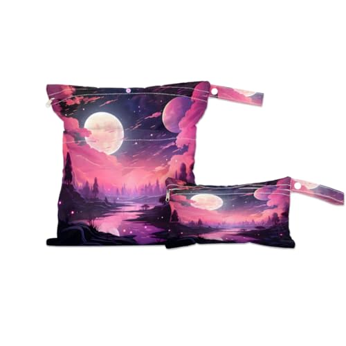 2 Pack Wet Bags for Swimsuits, Colorful Galaxy Waterproof Washable Dirty Clothes Bag Fantastic Galaxy Wet Dry Bag with Zipper Pocket Bathing Suit Workout Bag Wet Swimsuit Bag for Travel Beach