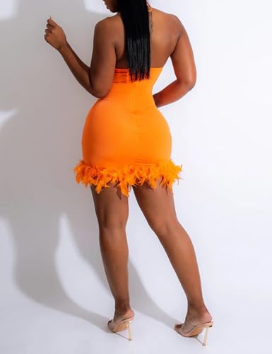Image of WOKANSE Sequin Dress for Women Sexy Halter Sleeveless Mesh See Through Feathers Short Club Dresses