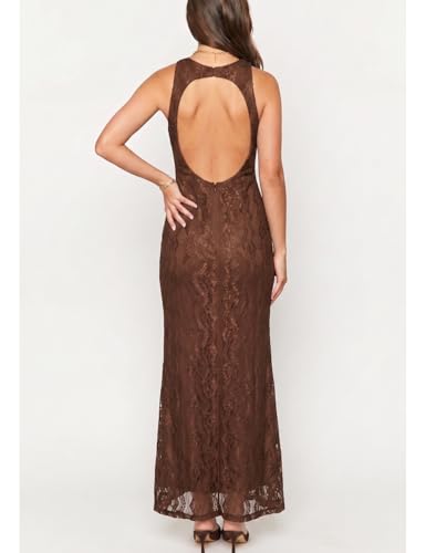 Image of Elegant Lace Floral V Neck Backless Bodycon Dresses for Women Sexy Cut Out Low Back Sleeveless Maxi Dress Wedding Guest