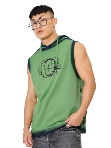 Image of The Souled Store Hulk: Always Angry Men and Boys Sleeveless Green Graphic Printed Regular Fit Cotton Hooded T-Shirts