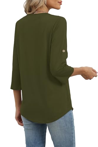 Image of XIEERDUO 3 /4 Length Sleeve Womens Tops V Neck T Shirts Both Side Buttons Blouses Business Casual Outfits Loose Fit