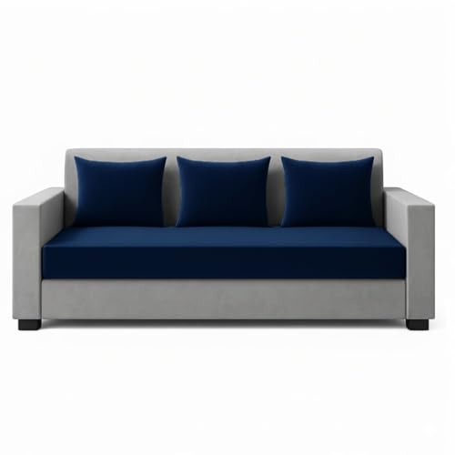 Image of FURNY Lexon 5 Seater Fabric 3+2 Sofa Set (Dark Blue-Light Grey) Premium Velvet Finish | Durable & Comfortable | Ideal for Living Room
