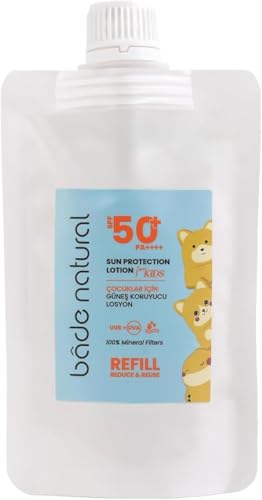 Image of Bade Natural SPF 50+ Kids Sunscreen Refill Lotion - 100% Natural Mineral-Based Broad Spectrum Sun Protection with Zinc Oxide & Botanical Oils - Refillable Eco-Friendly Pack, 3.7 fl oz