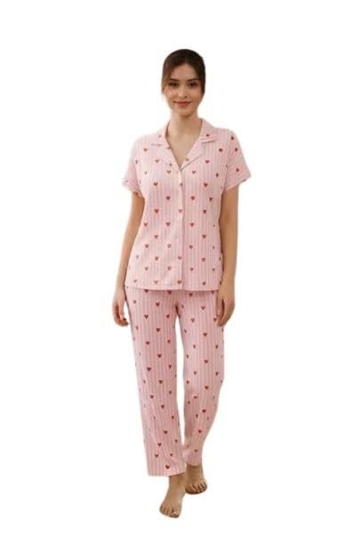 Women's Pink Satin Heart Print Night Suit with Pyjamas-image-4