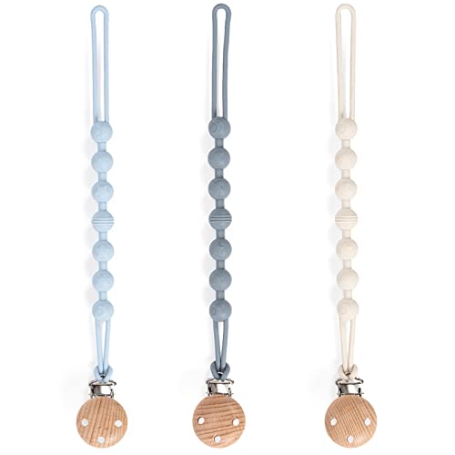 Pacifier Clip, 3 Pack Silicone Pacifier Clips with Wooden Design Pacifier Holder Clip, Soother Clips for Baby Boy & Girl (White+Light Blue+Grayish Blue)