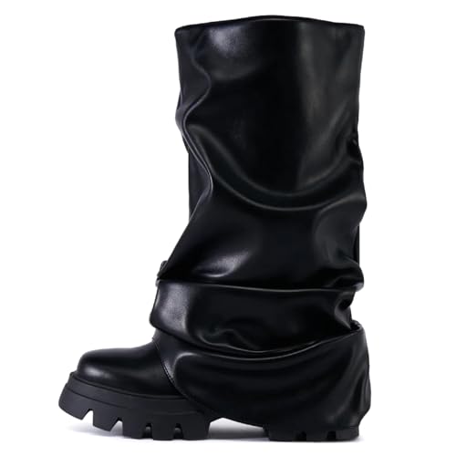 Yishaweiqi Slouched Ruched Fold Over Boots for Women Wide Calf Platform Chunky Heel Mid Calf Shark Boots
