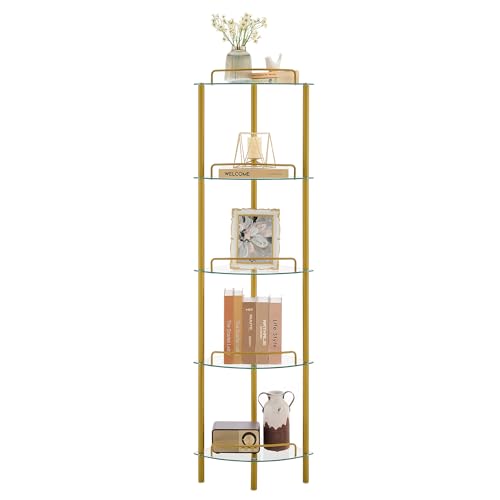 FAVOOSTY 5-Tier Corner Shelf Stand Gold Corner Bookshelf Bathroom Organizer Plant Stand Tempered Glass Shelves Modern Style for Living Room Bedroom Kitchen Home Office Metallic Gold