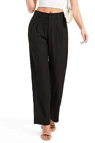 Women's Casual Straight Trousers High Waisted Button Work Office Dress Pants with Pockets (Black,Small Short)3