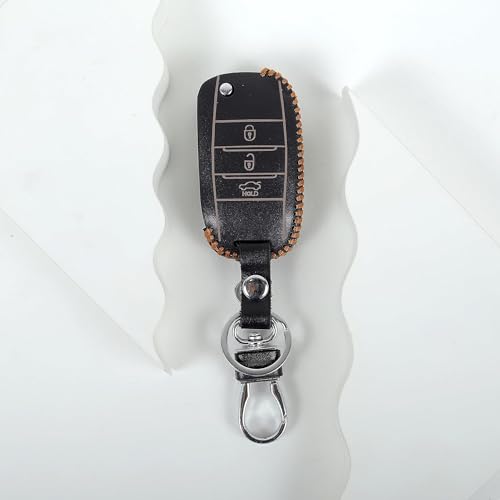 Image of Leather Smart Car Key Cover Case with Metal Hook Keychain for Kia Seltos, Sonet, Carens(Black)