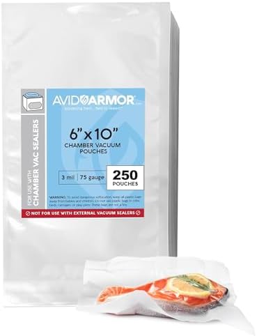 Avid Armor Chamber Vacuum Sealer Bags – Heavy Duty, BPA-Free, Pre-Cut Chamber Vacuum Bags for Food Preservation, Freezer Storage, Sous Vide and more, 250/Pack (6x10) – Multi-Use Vacuum Bags