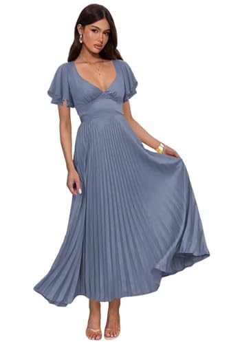 Women's Satin Bridesmaid Dresses for Wedding with Short Sleeve V-Neck Flowy Formal Maxi Dress Floor Length HM151