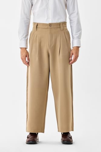 Image of SNITCH Men Casual Trousers | Baggy Fit Wide-Leg Design with Pleated Front & Button Closure | Durable Polyester Blend & Medium-Stretch Fabric for Summer Wear