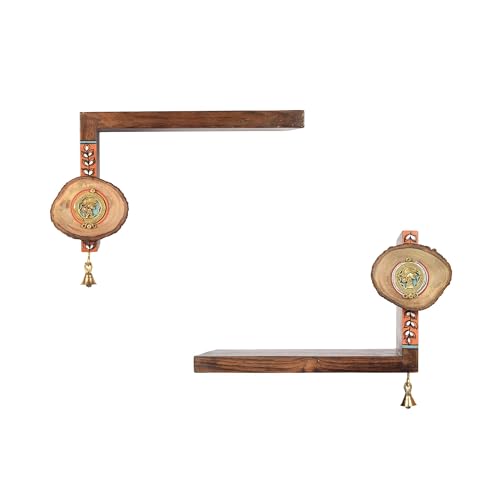 Image of AAKRITI ART CREATIONS Tribal Angle Brown Wall Display Shelf Set of 2 | Dhokra Art Wooden Shelves Wall Hanging Shelves | Matte Finish Decorative Shelf for Living Room, Bedroom & Gifting
