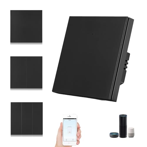 Tujafon WIFI Smart Light Switch Push-button Light Switch No Neutral Required LED Backlight Works with Alexa Timer Multi-Way Control by Smart Life/Tuya APP (Black 1 Gang)