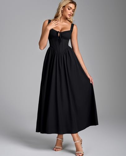 Image of GLNEGE Womens Corset Midi Dress Spring Wedding Guest A-line Flowy Dresses Lace Up Summer Tea Party Long Sundress for 2026