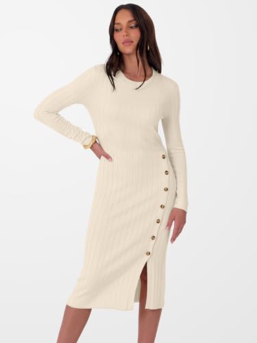 ANRABESS Womens 2025 Fall Long Sleeve Midi Dress Ribbed Knit Bodycon Fitted Button Down Wedding Guest Slit Sweater Dresses