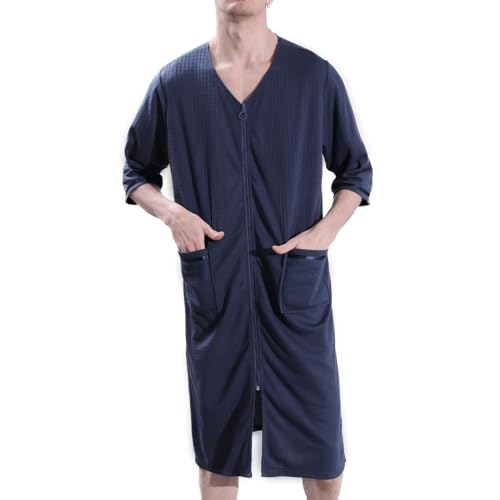Men's Soft Pajamas Summer Robe Waffle Fall Long Zip Up 3/4 Sleeve House Cool Knee Length Loose Bathrobe