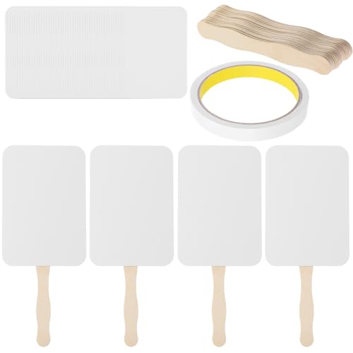 50 Pcs DIY Paper Church Fans Handheld Set Fan Sticks Wooden Handle Craft Sticks Wavy with Blank White Cardstock Tape for Wedding Celebration