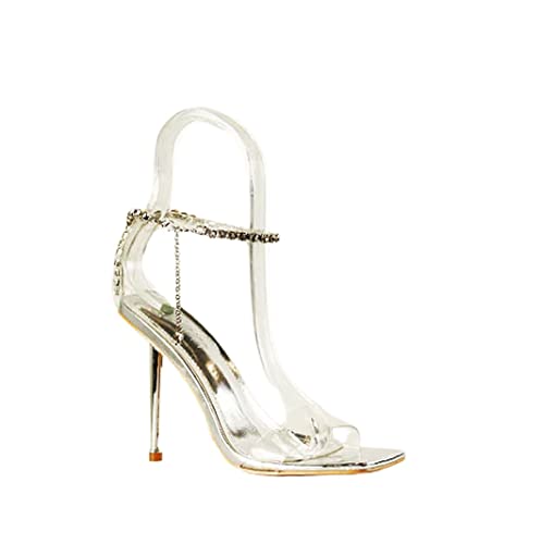 Liliana Women Rhinestone Chain Adjustable Ankle Strap Stilettos Heel Sandals Banks-14 Silver 10 #TOP27