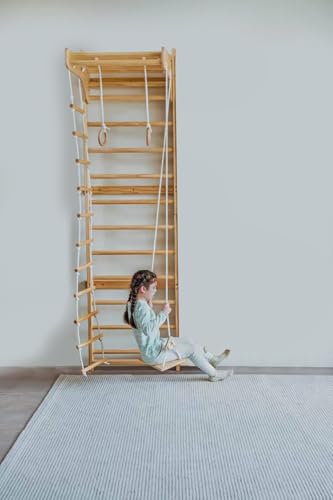 Image of Avenlur Betula Swedish Wall Ladder for Kids - Indoor Wooden Climbing Gym with Slide, Swing, Rope Ladder & Pull-Up Bar - Montessori Wall Gym for Strength, Coordination & Active Play (Ages 3+) (95 inch)