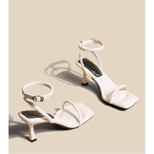 Kitten Heels White high-heeled, square-toed, open-toed, one-line sandals3