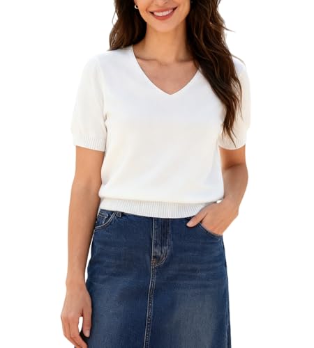 Image of SANGTREE Women's Short Sleeve Sweaters V Neck Casual Knit Pullover Tops | Perfect as a lightweight sweater for spring /summer or as a layering piece. Ideal for office, daily, holiday, home etc