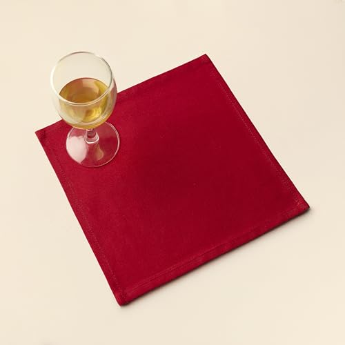 Image of Encasa XO Dining Cocktail Napkins 12 pcs (1 Dozen) Set of Large 23x23 cm (9 inchx9 inch) - Deep Red - Absorbent Heavy Cotton Party Fabric Machine Washable for Home Restaurant Banquet & Hotel